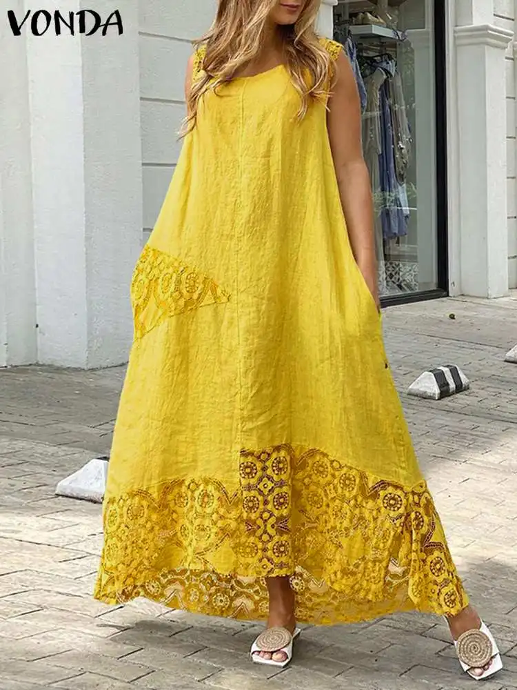 Women'Summer Sundress 2022 VONDA Elegant Midi Vintage ลูกไม้ Patchwork ไม่สมมาตรชุด Bohemian Vestidos