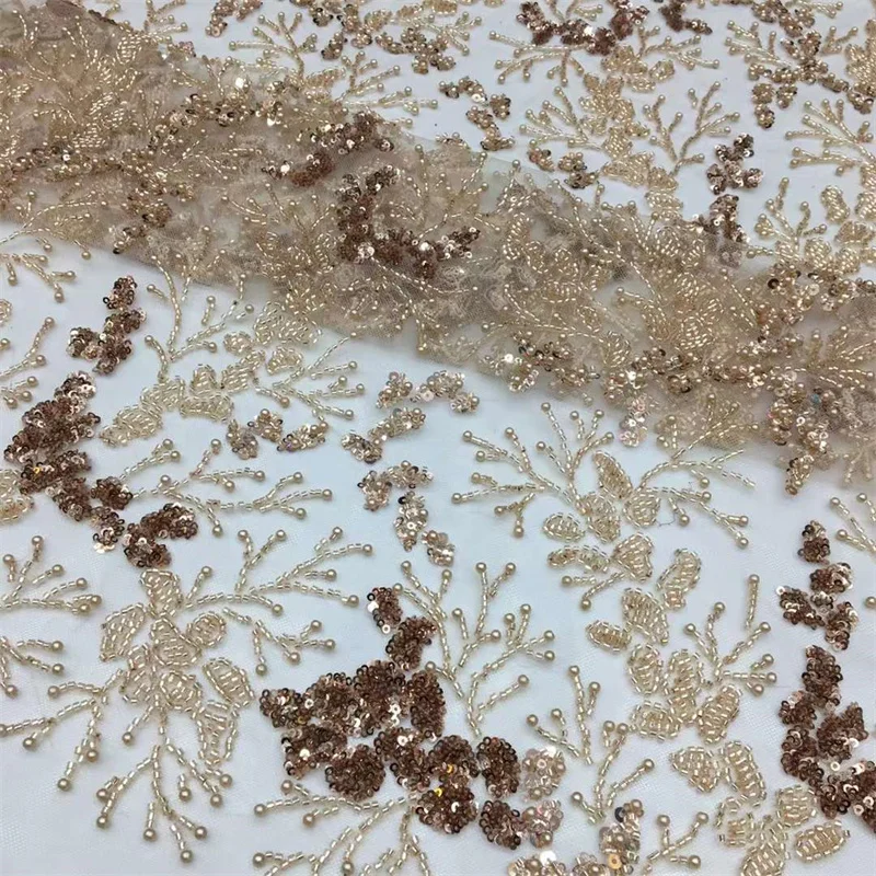 

High-end Heavy Beaded Lace African Sequin Tulle Net Embroidery Dubai Bridal Fabrics for Sewing Wedding Gown XXL-828