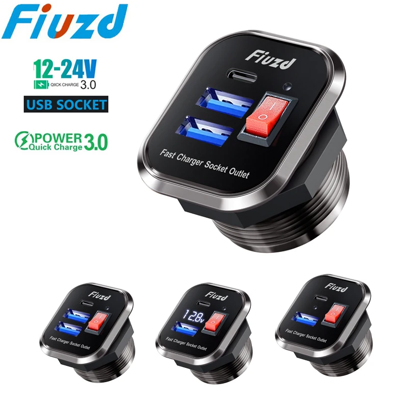12/24V Aluminium Metal 36W QC3.0 Dual USB Car Motor Charger Socket Waterproof with Voltmeter Switch Fast Quick Charge Adapter
