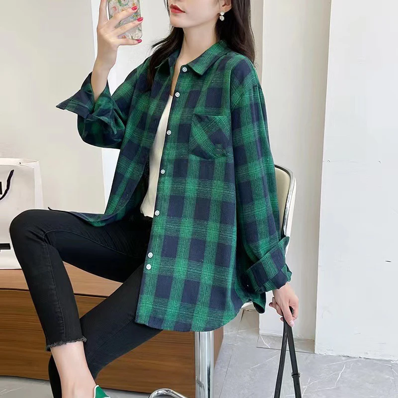 Girl Preppy Style Blouse Woman Long Sleeve Oversize Loose Plaid Shirt Tops Casual