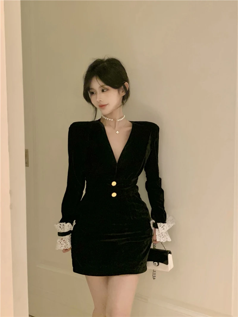 Korean Style Velvet Lace Spliced Slim Fit Waist Knitted Dress for Women Black Long Sleeve V Neck Two Buttons Short Mini Dress