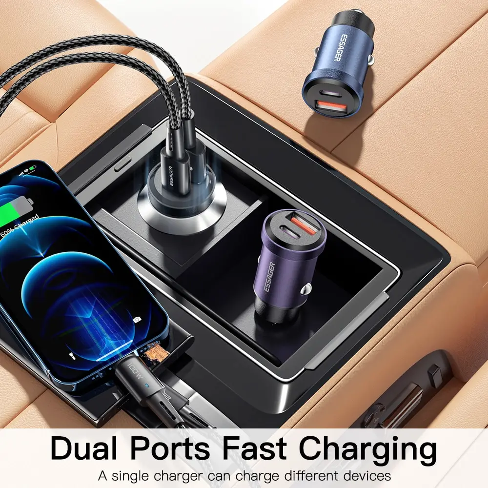 Essager 30W 5A QC PD 3.0 SCP USB Car Charger Quick Charge4.0 USB Type C Car Fast Charging For iPhone 12 13 Huawei Samsung Xiaomi