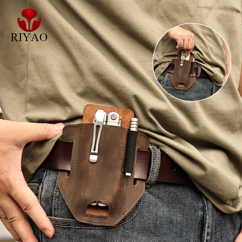 RIYAO Genuine Leather Multitool Holder Plier Sheath Waist Belt Bag Outdoor Folding Knife Pocket Knife Hunting Camping Tool Case