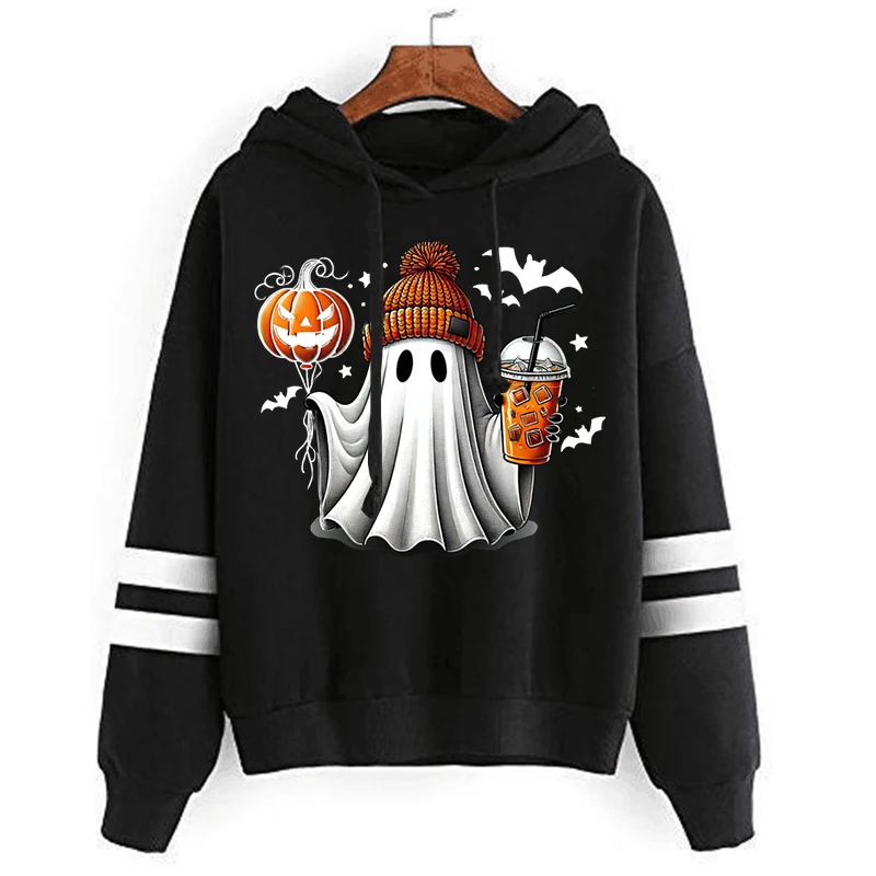 

Halloween Ghost Pumpkin Bat Coffee Printed Hoodies Women Casual Fashion Fleece Long Sleeve Sweatshirts Spooky Season Lady Hooded