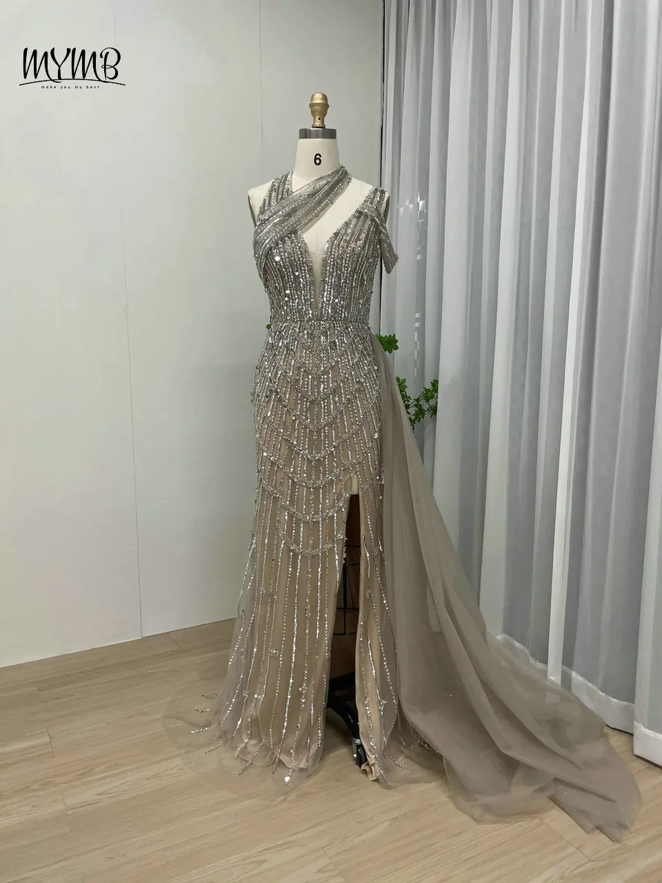 MYMB Lila Rosa Neckholder Meerjungfrau Split Arabische Abendkleider für Frauen Promi Wunderschönes Perlen Schulterfreies Hochzeitskleid – Detail 8