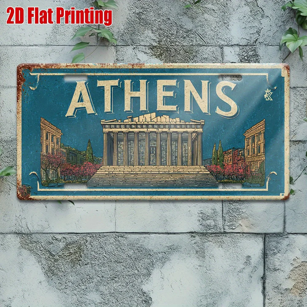 Athens Metal License Plate Sign -  Retro Travel Wall Art with Athens Parthenon Design, Blue & White Aluminum Decor for Home, Bar