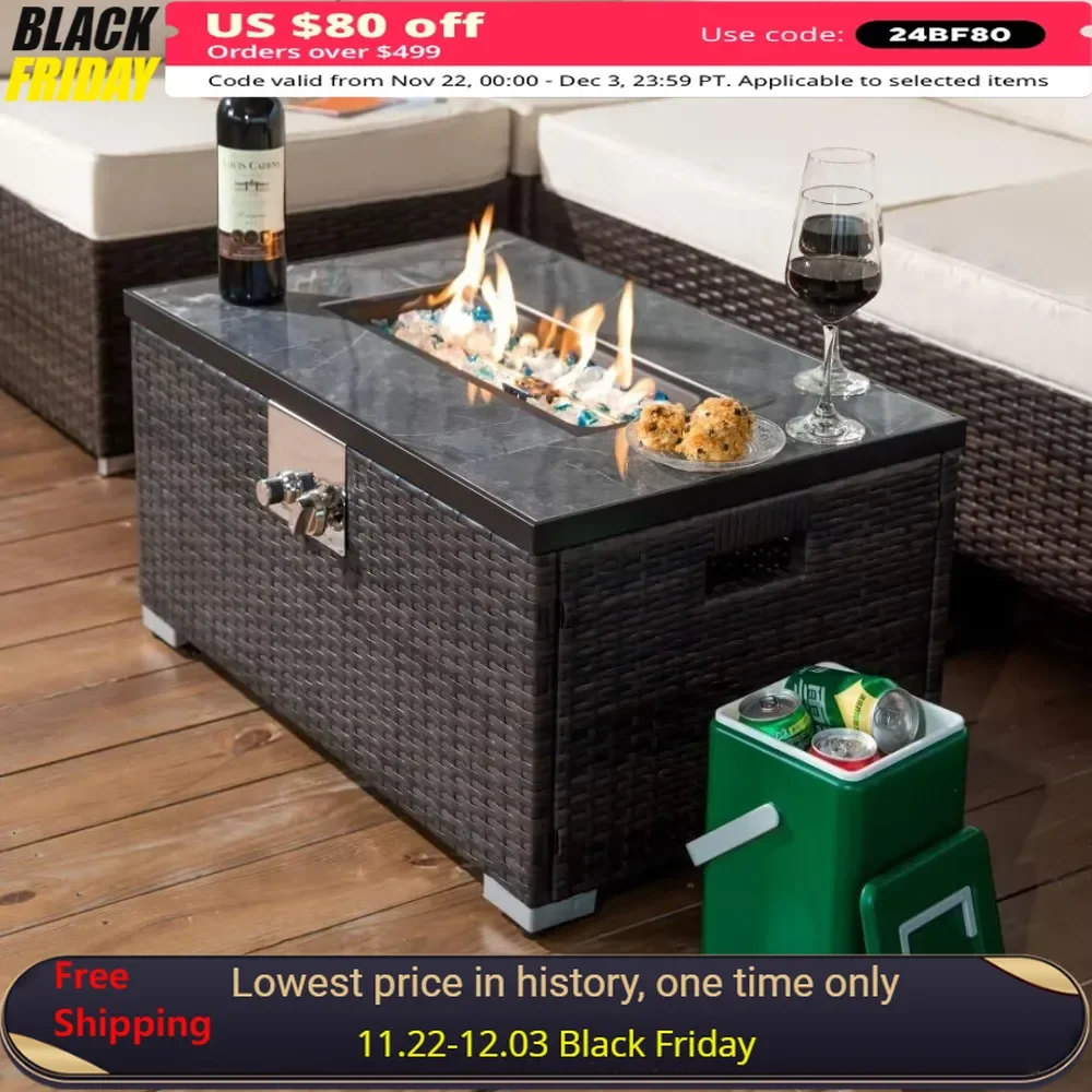 32 in Propane Fire Pit 50,000 BTU Outdoor Gas Fire Pit Table with Tempered Glass Tabletop and Rattan Wicker Base，Fire Table