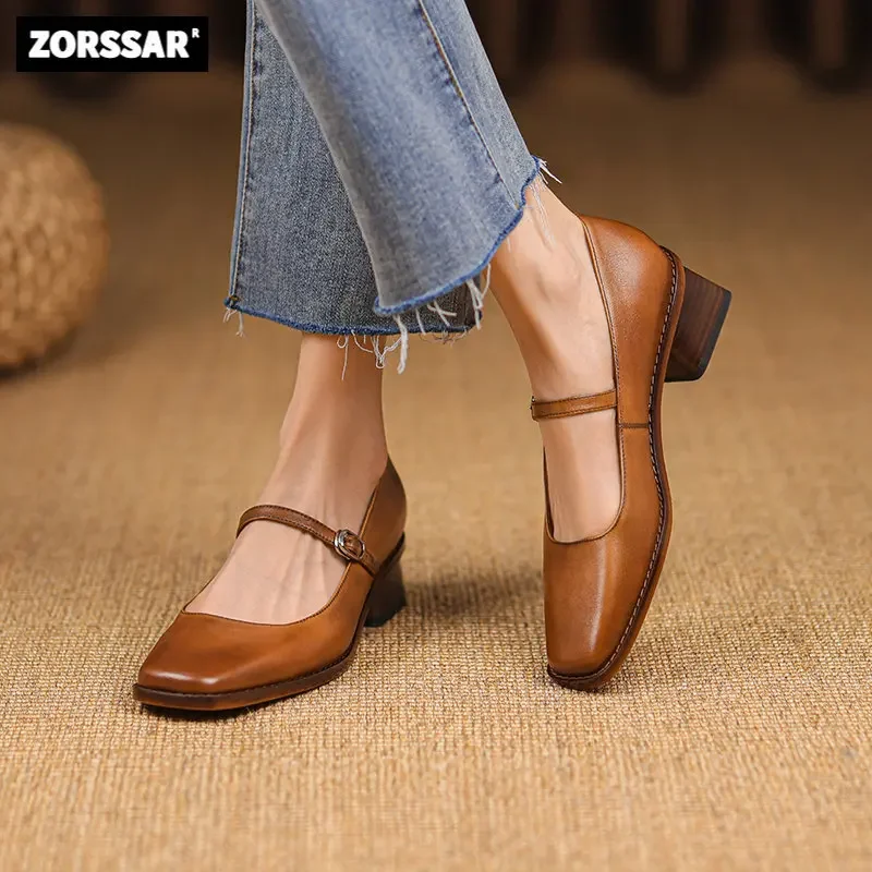 2024 New Genuine Leather Mary Jane shoes Women\'s Shoes Retro Buckle Shallow Heel Pumps Square Toe Shoes Woman Zapatos De Mujer