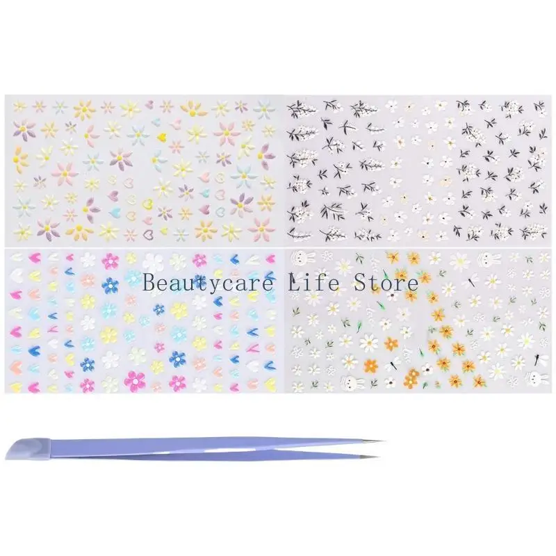 652C 4 Sheets 5D Flower Nails Art Stickers Self-Adhesive Decals Flower Nails Stickers with Tweezer Nails Art Decorations