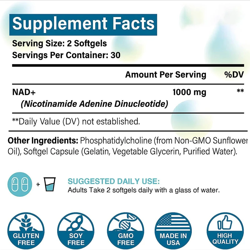 Liposome pure NAD + supplemento 1000mg, il più alto NAD Pontcy ad alto assorbimento di energia e riparazione del DNA anti-invecchiamento 60 capsule molli