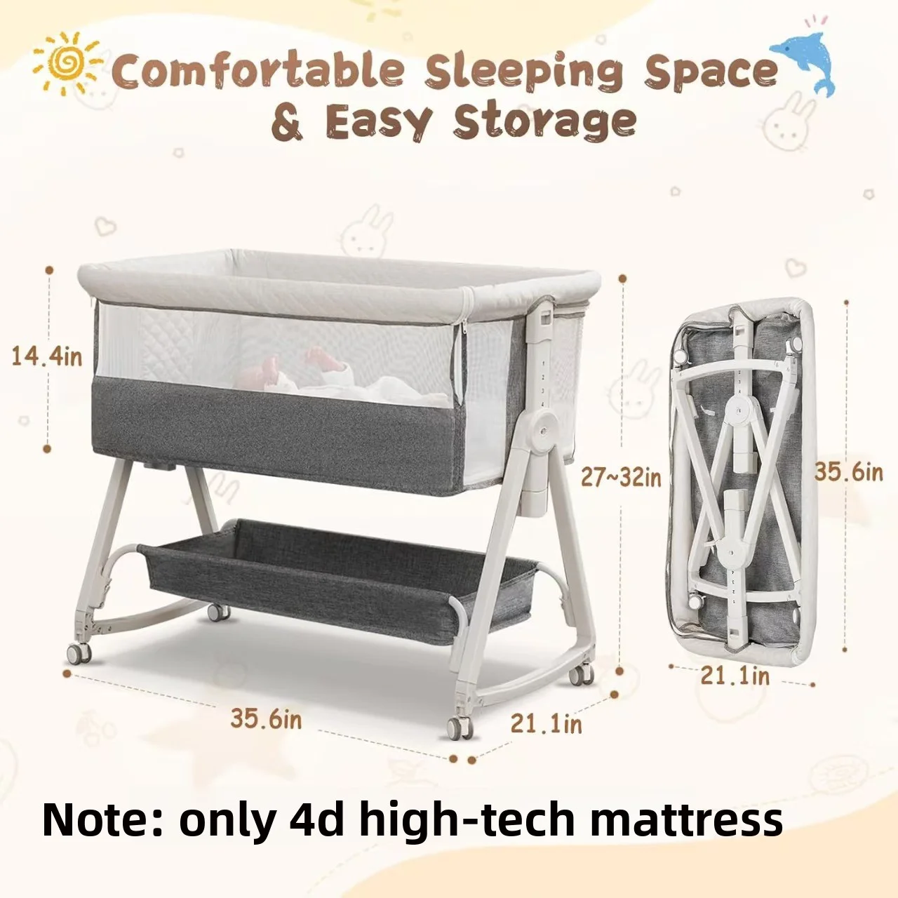 

Multifunctional Baby Crib with Wheels, Portable Folding Baby Bed Playpen, Space Saving Adjustable Height Changing Table