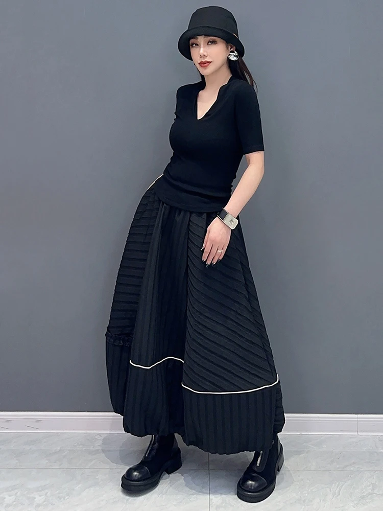 SHENGPALAE Fashion Chic Women\'s Skirt Striped Design Loose Vintage Patchwork A-line Mid Calf Skirt Spring 2024 New Trendy 5R9253