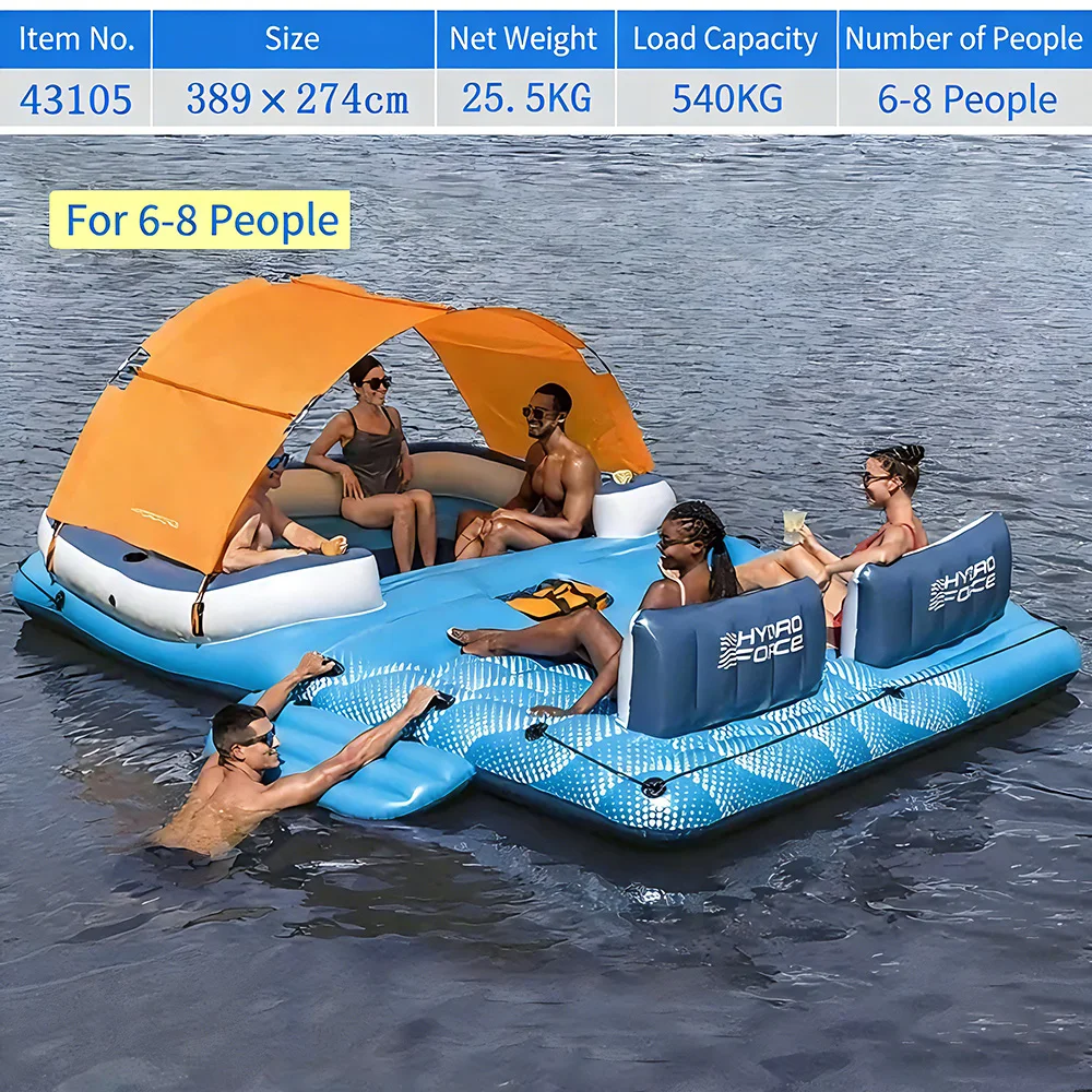 -8 Person Inflatable Water Island Floating Lounge with Sunshade, Mesh Bottom Pool Party Lake Float, Family Floating Row Bed