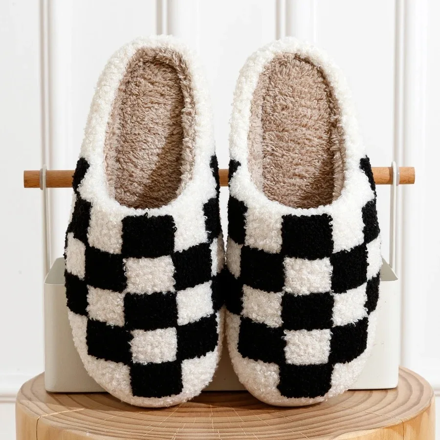 Winter Fuzzy Slippers Fashion Checker Indoor Embroidery Houseshoes Cozy Woman Winter Fluffy House Retro Checkered Print Shoes