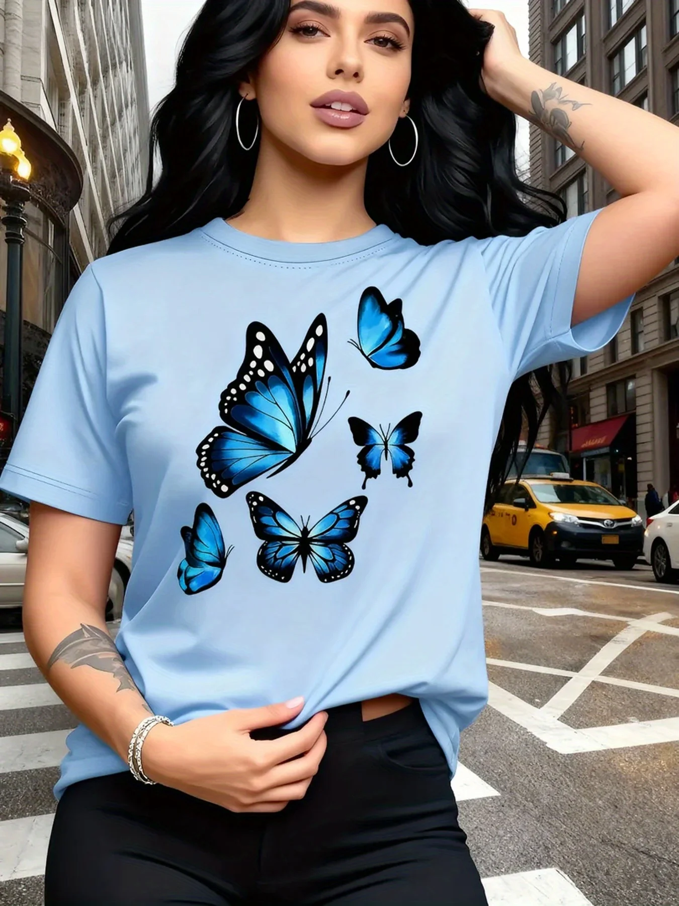 Fashion Butterfly Print Women's T-shirt Round Neck Short Sleeved Comfortable Soft and Skin Friendly Spring and Summer Top
