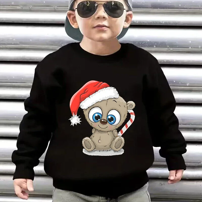 Fashion Kids Christmas Cute Bear Hoodies 2025 New Boys Girls Black White Red Green Pullover Long Sleeve O-Neck Xmas Sweatshirts