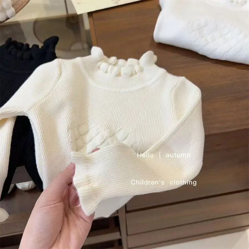 

Girls' Autumn Sweater New Style Children's Baby Solid Color Knitted Elastic Half High Collar Long Sleeve Base Sweater 90-140CM