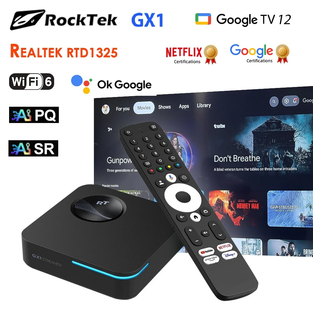 RockTek GX1 UHD AndroidTV 12 Box Netflix Google Certified 4GB 32G Realtek1325 Support Dolby Atmos 2T2R Wifi6 BT5.2 Android TVBox