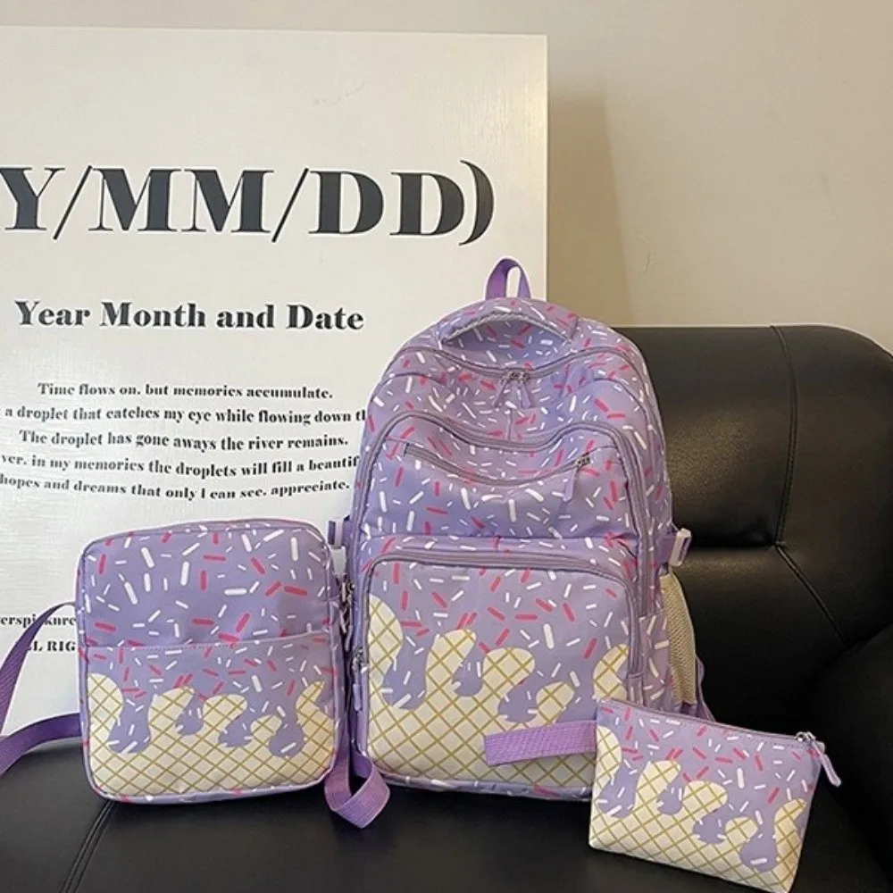 Oxford Fabric Ice Cream Printed Backpack Set with Pencil Case with Crossbody Bag Bookbag Lightweight Matching Tote Bag Travel