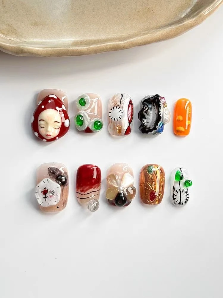 

[Meditation Girl] 15MM 3D Handmade Wear Nails 2025 New Personalized Short Nails Art Film Press on Nails Embossed Series Nail Art