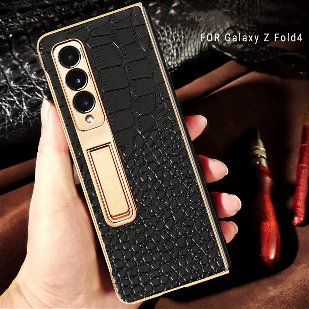 Genuine Cowhide Leather Crocodile Flip Case for Samsung Galaxy Z Fold6 5 4 Glass Film Bracket Full Cover