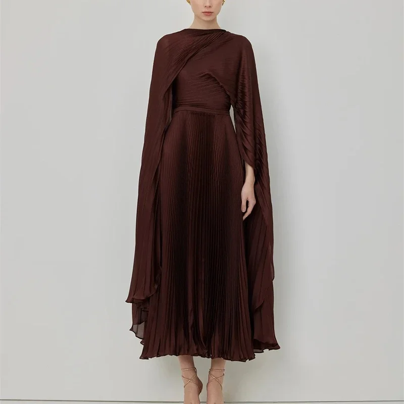 Chiffon Exquisite Pleated Party Dress High Neck Long Sleeves Formal Occasion Party Dress Ankle-Length Ball Dress