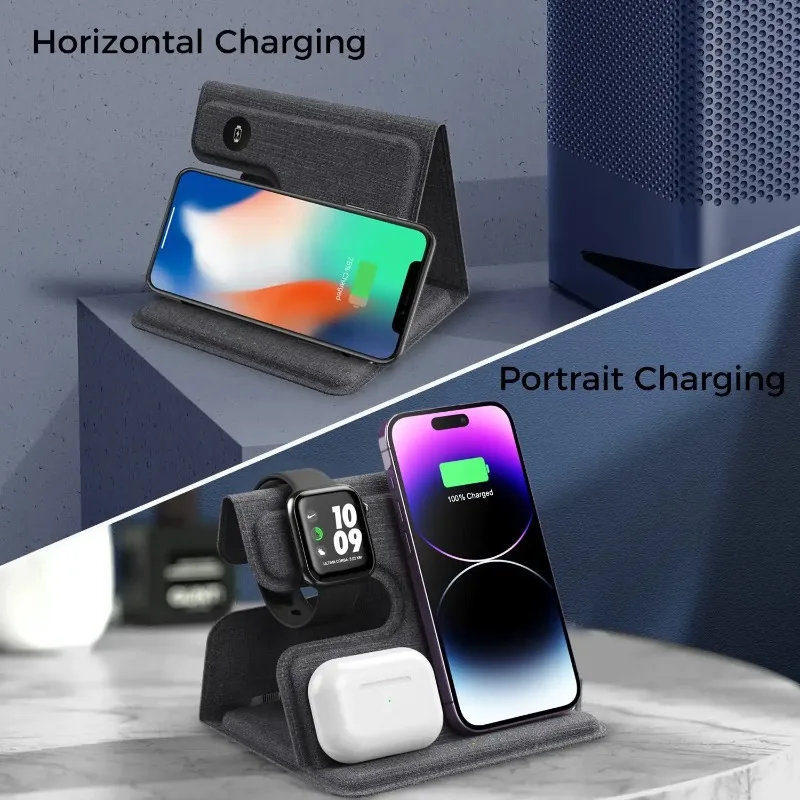 ファブリック表面3in1高速ワイヤレス充電ステーション-iphone17〜12、airpods-pro、apple-watch-11-2、電話、時計、イヤホンアクセサリー対応