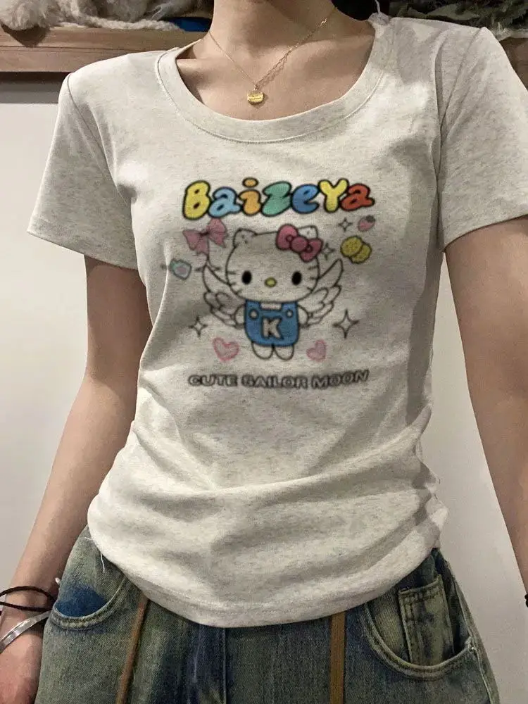 Creative Kawaii Sanrio Anime Short Sleeve Cute Cartoon Hello Kitty Summer Printed Short Sleeved Loose Mid Length Top Girl Gift