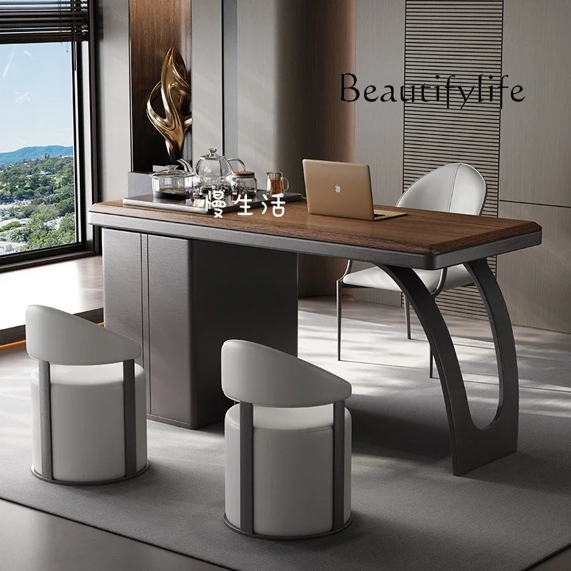 A Light Luxury High-end Tea Table And Chair Combination Italian Minimalist Office Desk Solid Wood High-end Sense