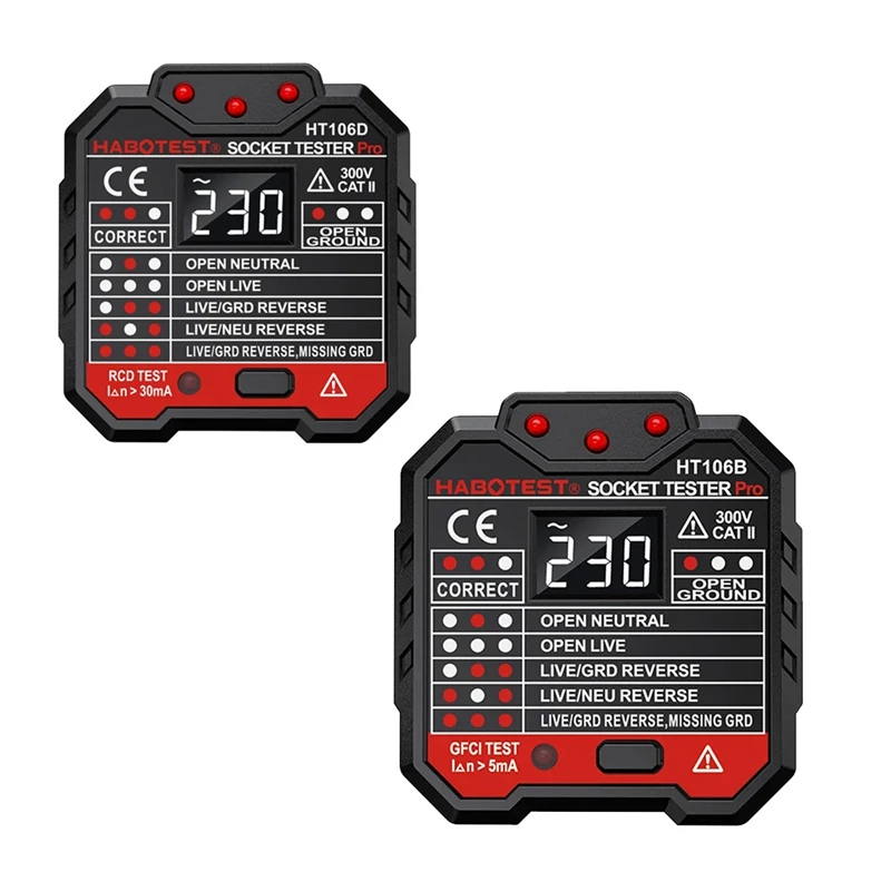 

2025 New HABOTEST HT106 Socket Tester Voltage Test Socket Detector Ground Zero Line Plug Polarity Phase Check