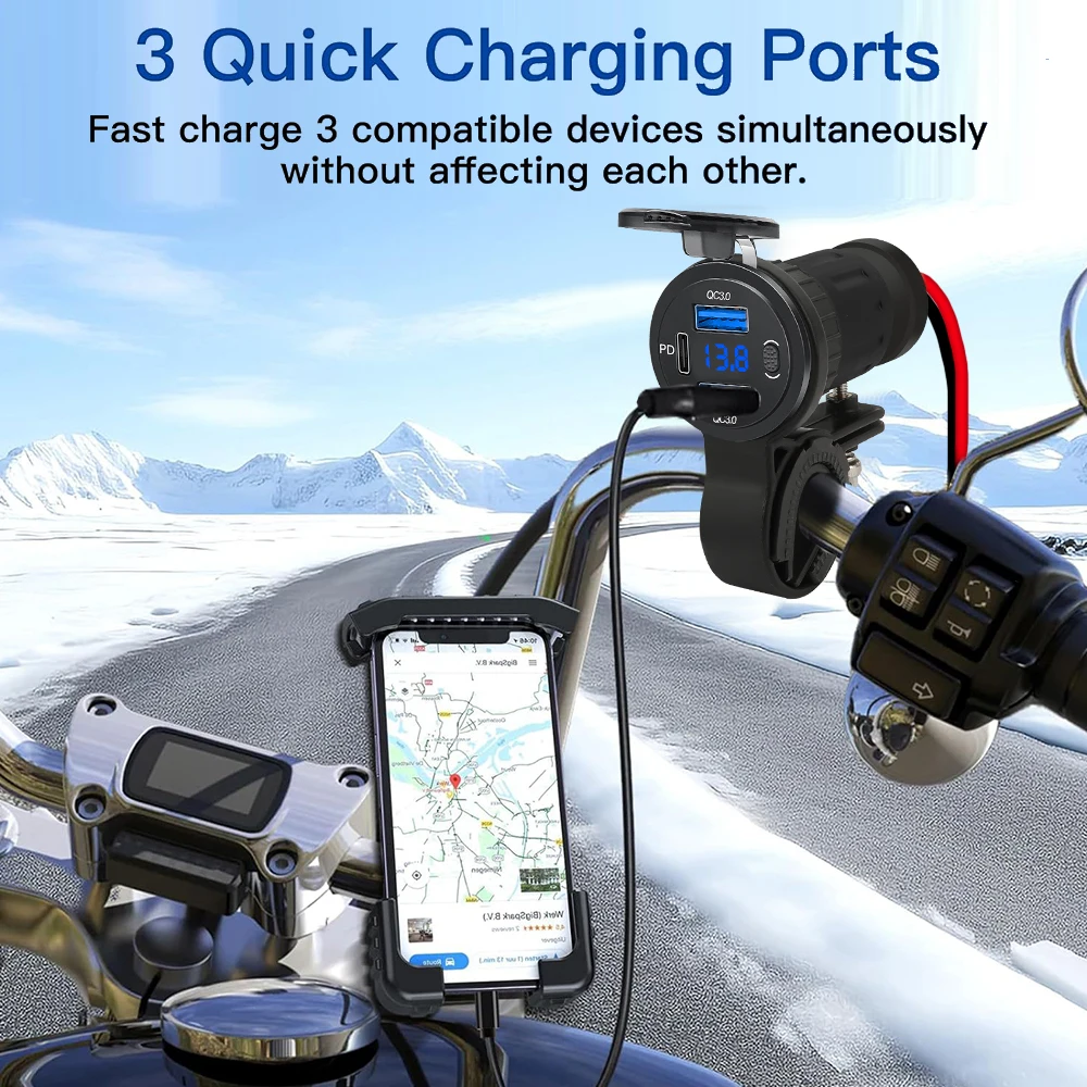 Picture 6: 3-Ports 12V Motorcycle QC 3.0 USB Fast Charger Waterproof with Type C Port New PD Outlet Handlebar Mounting Cellphone Chargers