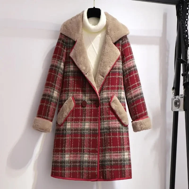 

Women Woolen Coat Mid-length Plaid Coat Nice Autumn Winter One piece of fur Loose Long Sleeve Women's Jacket Wool Coat Outerwea