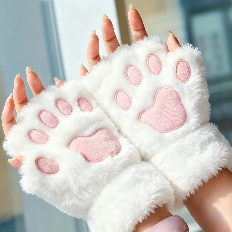 2 Pairs of Cute Cat Paw Half-Finger Plush Gloves in Random Colors, Thickened and Warm for Autumn and Winter, with Embroidered Paw Prints and Fingerless Design, Equipped with a Lanyard to Prevent Loss, Flexible for Writing and Using Mobile Phones, Suitable for Daily Wear, Cosplay Party Outfits, and Christmas Gifts