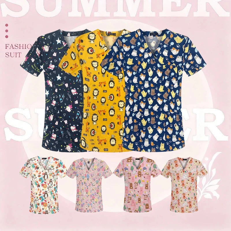 

Униформа медсестры с мультяшным принтом, топ для кормления, домашняя униформа медсестры, футболка из чистого хлопка с v-образным вырезом и короткими рукавами