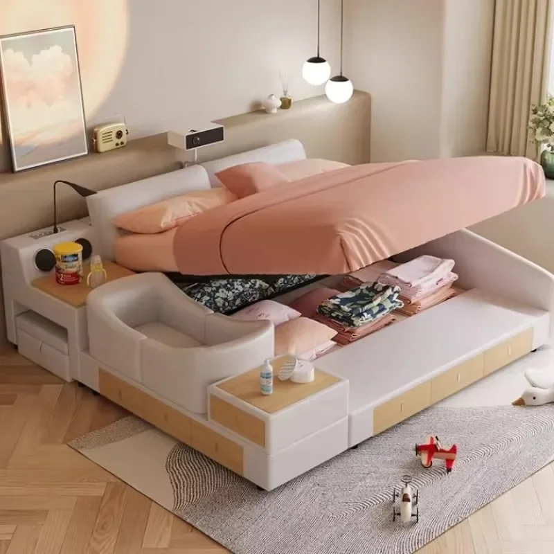 xx-Girls Multi Functional Bed Organizer Beige Full Size Bedroom Double Bed Twin Smart Bedframe Camas De Dormitorio Furniture