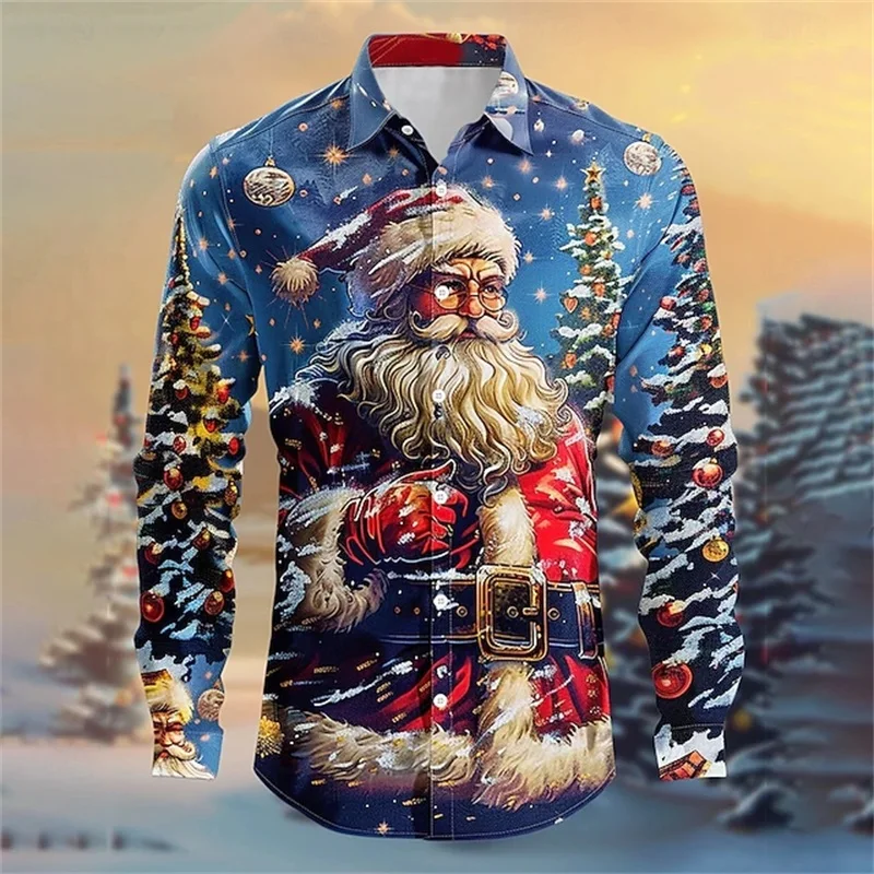 Christmas Snowflake Graphic Mens Long Sleeve Shirts Casual Oversized Button Up Shirts For Party Evening Xms Santa Blouse Tops
