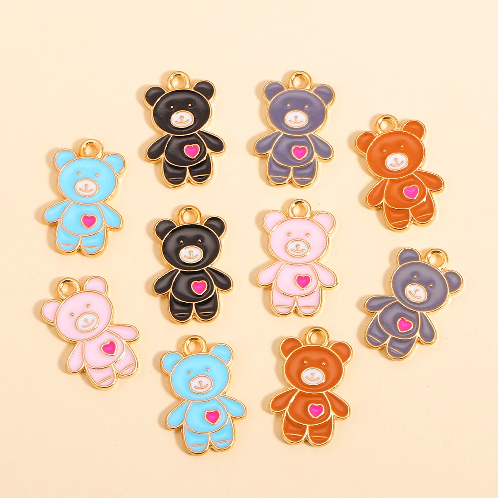 10Pcs Fashion Colorful Little Bear Enamel Charms Cute Animal Pendants For Making Handmade DIY Jewelry Accessories Alloy Gold Pla