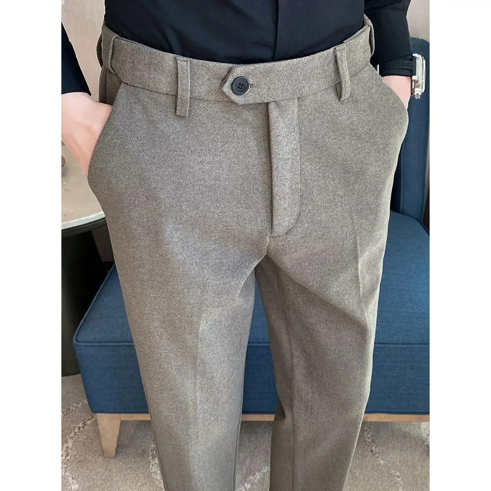 

Мужские утепленные шерстяные брюки: зимние повседневные длинные брюки, зауженный крой, деловой стиль, эластичный пояс, классический дизайн, однотонные