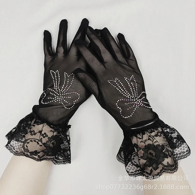 Women Elastic Mesh Hot Stamping With Colored Flash Diamonds Bow Lace Dance Mitten Summer Rhinestone Punk Hip Hop Sunscreen Glove