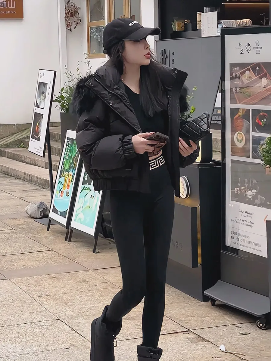 韓国製レディースダウンジャケット2025新作冬用厚手パンコートホワイトダウンアウターウェア帽子付きジッパー開閉