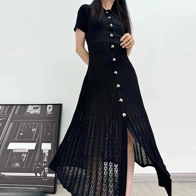 Sexy Knit Polo Maxi Dress Ruffle Lapel Casual Short Sleeve Long Dress Buttons Single Breasted Women Luxury 2024 Chic Vacation