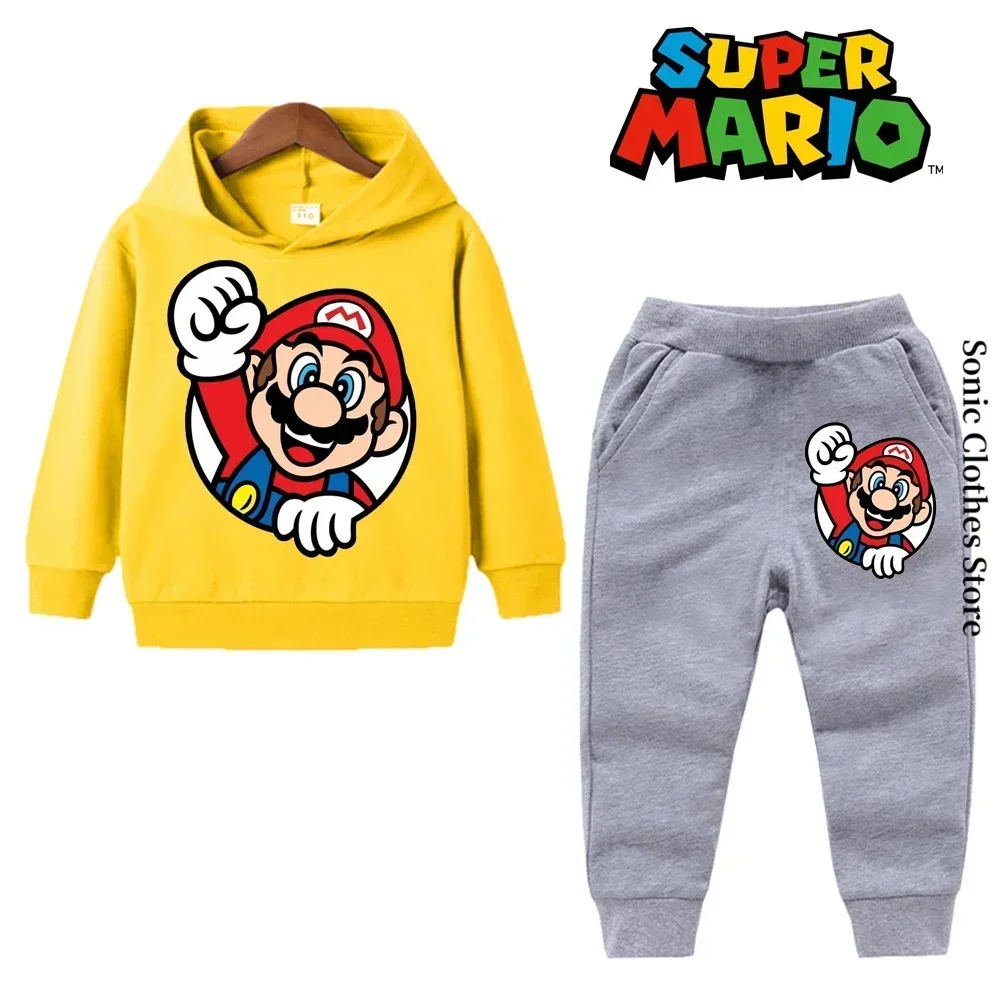 Conjunto de moletom Super Mario infantil, capuz esportivo, blusa e calça, roupa casual, presente do 5 ° aniversário, 2 peças