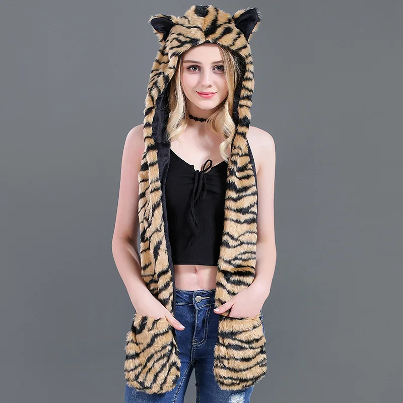 New Tiger Stripe Animal Hoods Cute Animal Faux Fur Hat Cap Women Mens Fashion Warm Animal Fur Hats With Gloves Girl Cartoon Hat