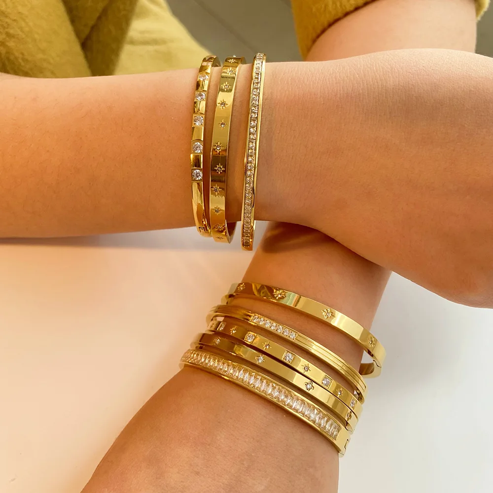 

Hexagram Titanium Steel Bangle Gold Plated CZ Adjustable Instagram Jewelry Women's Elegant Fashion Bracelet Hypoallergenic Gift