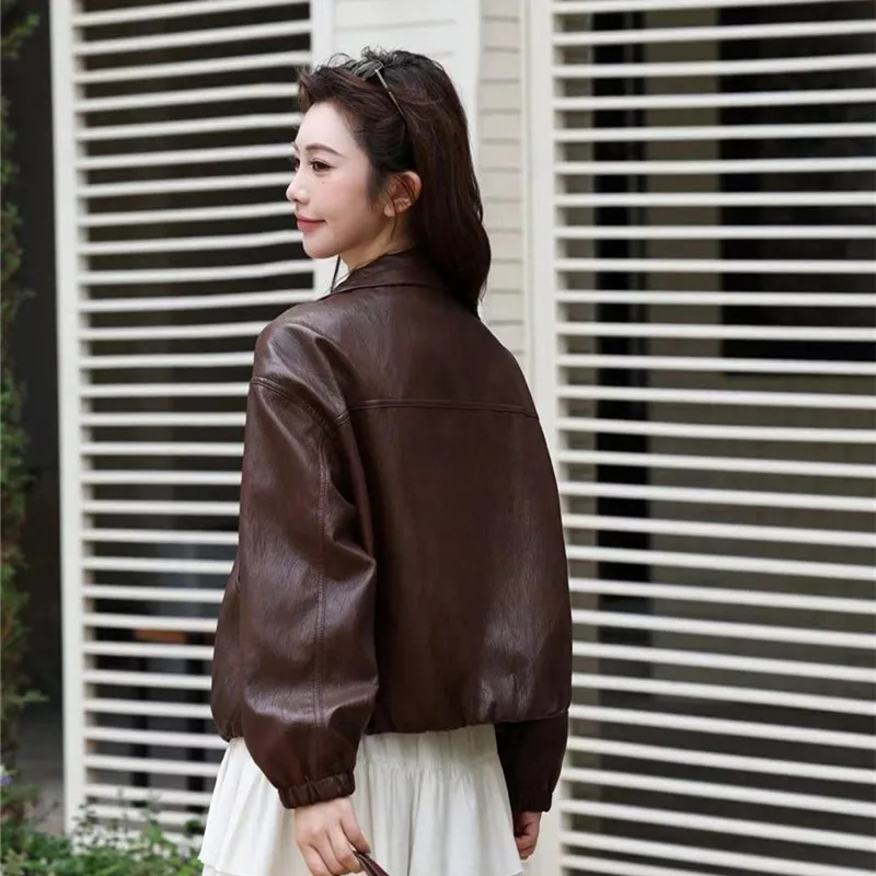 High Quality Faux Pu Leather Jacket Women Loose Casual Stand Collar Long Sleeve Spring Autumn Female Biker Jacket Streetwear