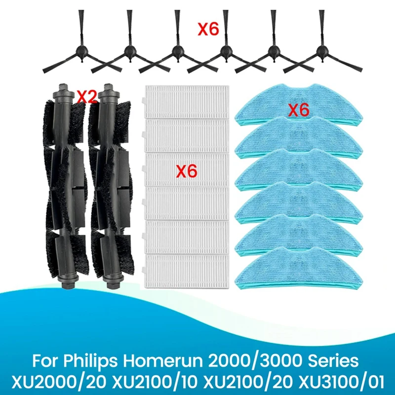 A66T Replacement Parts Kit for Homerun 2000/3000 Series, 2 Main Brush 6 Side Brush 6 HEPA Filter 6 Mop Cloth
