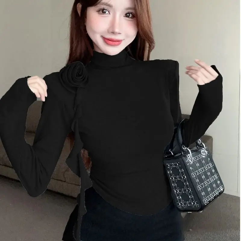 New Three-dimensional Flower Long Sleeve T-Shirt 2025 Women Autumn Winter Turtleneck Base Shirt Blouse Korean Style Bottom Shirt
