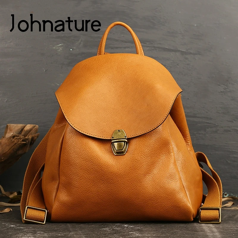 Johnature Retro First Layer Cow Leather Backpack 2024 New Designer Luxury Women Travel Bag Large Capacity Fashion Female Bagpack