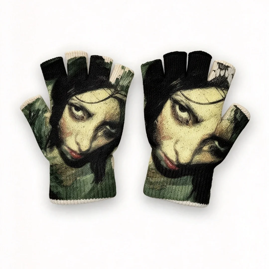 Gothic Dark Anime Print Fingerless Knit Gloves Women Alt‑Style Retro Half‑Finger Gloves