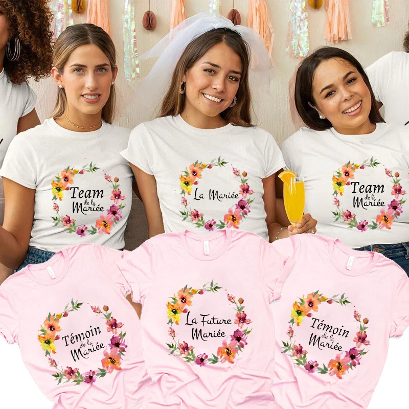 Bridal Wedding Tops French Team Bride Flower Crown T-shirt Bachelorette Hen Party T-shirt Fashion Kawaii T-shirt Y2K Clothing ﻿